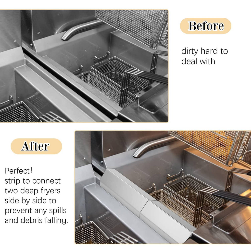Stainless steel deep fryer splash guard strips, side-by-side spill protection