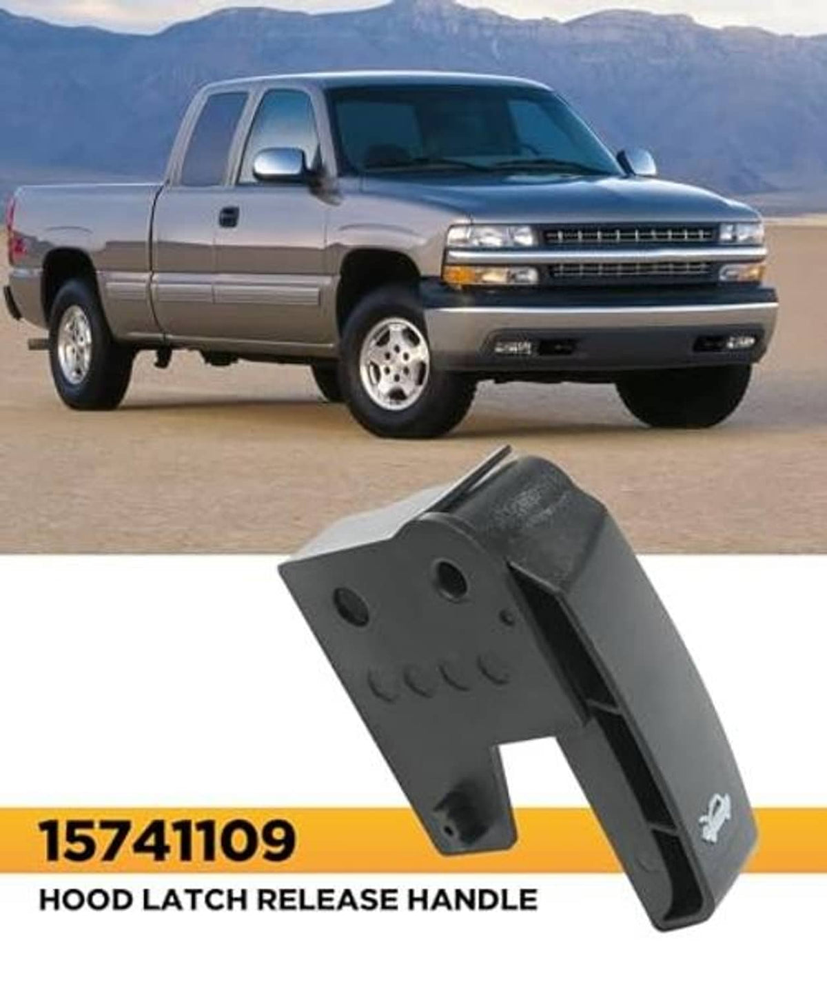 Black hood latch release handle, angled view with latch release area