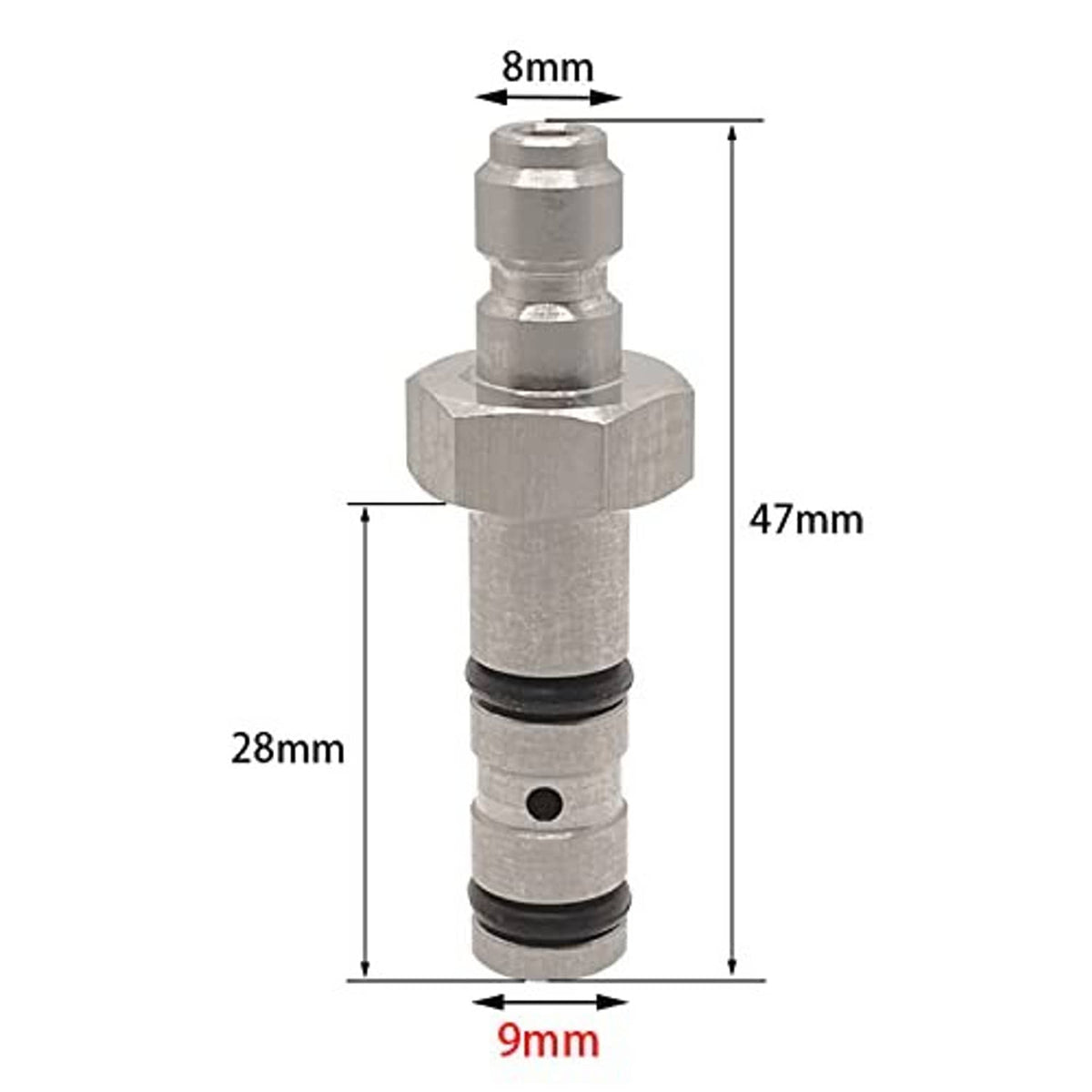 Quick-filling probe with hex fittings and O-ring seals, shown with dimensions