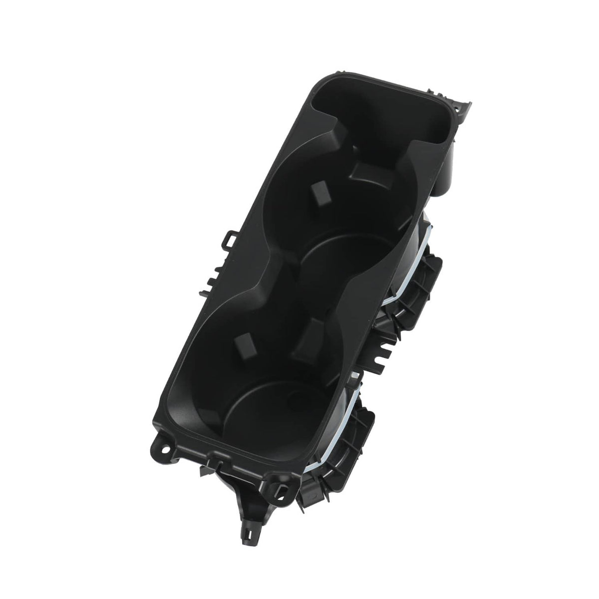 Black dual cup holder insert side view with two cup wells and molded mounting points