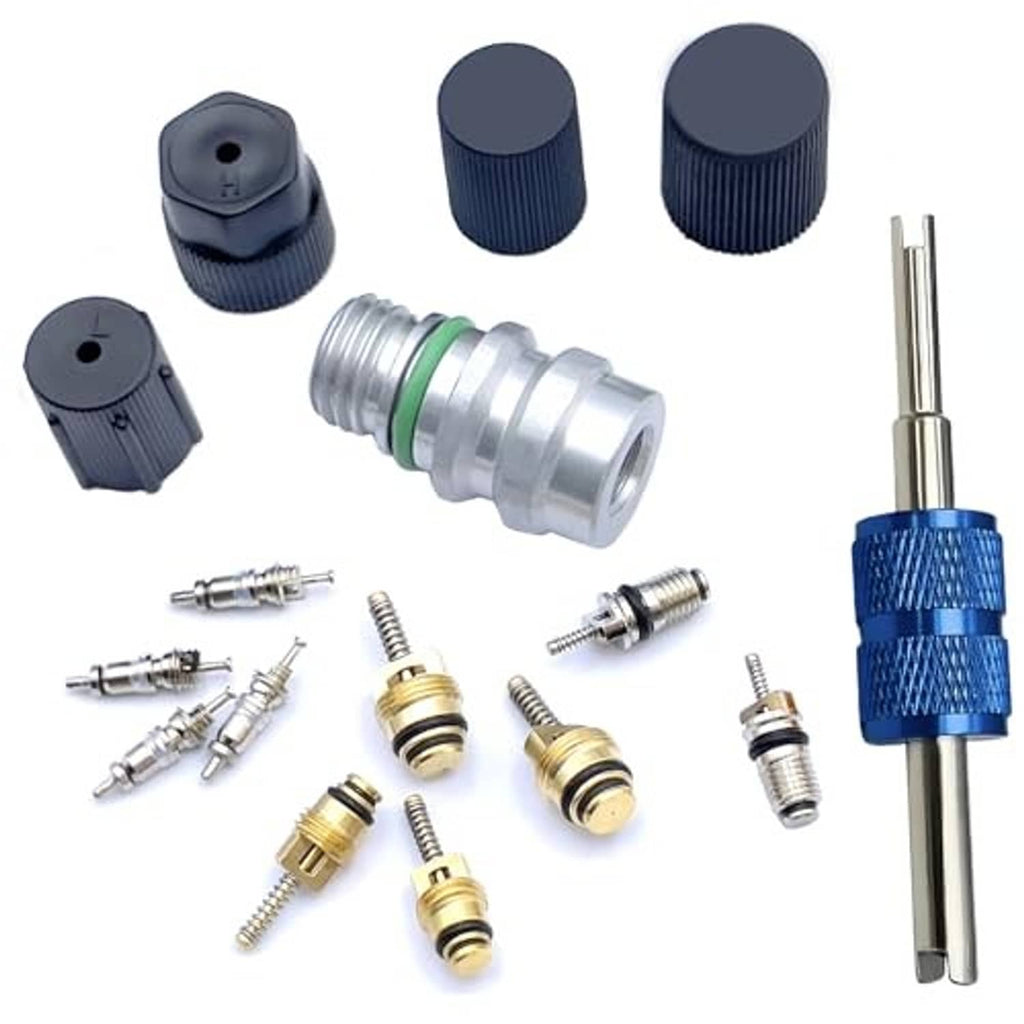 Air conditioning A/C valve core seal kit with valve cores, seals, and protective caps