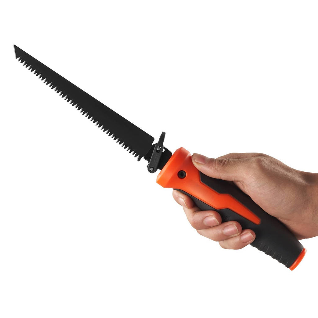 Handheld keyhole saw with black serrated blade and orange soft-grip handle