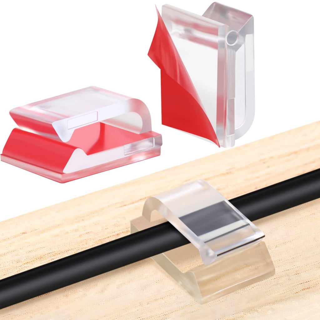 Adhesive Christmas light clip attached to a black wire with a red backing piece.
