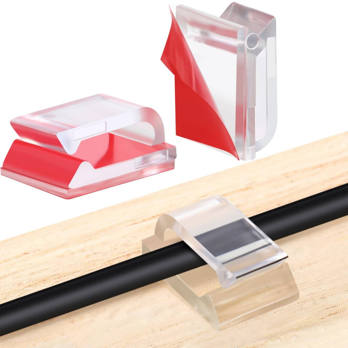 Adhesive Christmas light clip attached to a black wire with a red backing piece.
