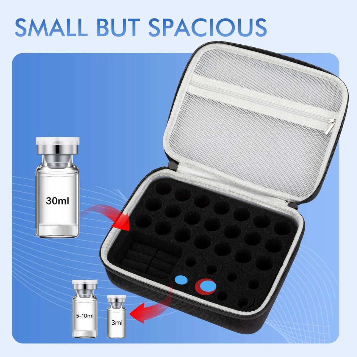 Open black storage case with padded foam and multiple circular slots for vials.