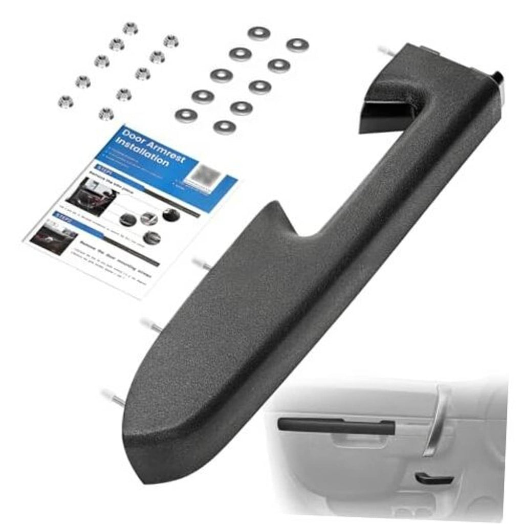 Black driver-side door armrest handle with mounting hardware and installation kit