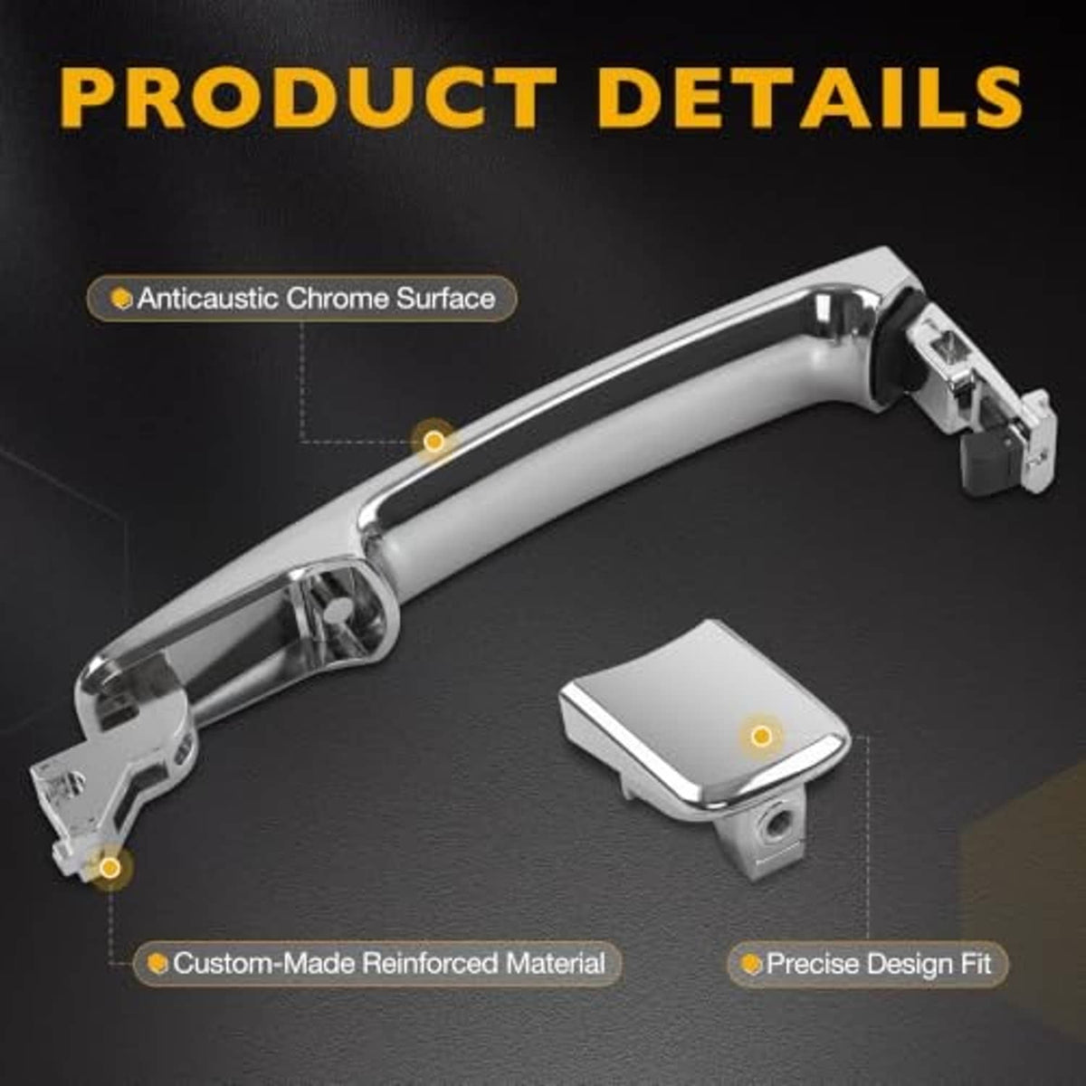 Exterior chrome door handle detail with mounting bracket and inner latch piece