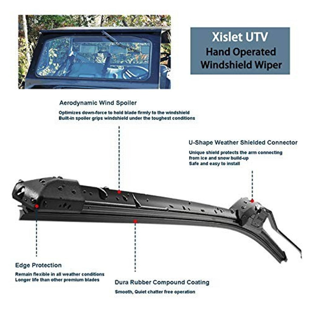 Hand-operated UTV windshield wiper assembly with long black blade and weather connector