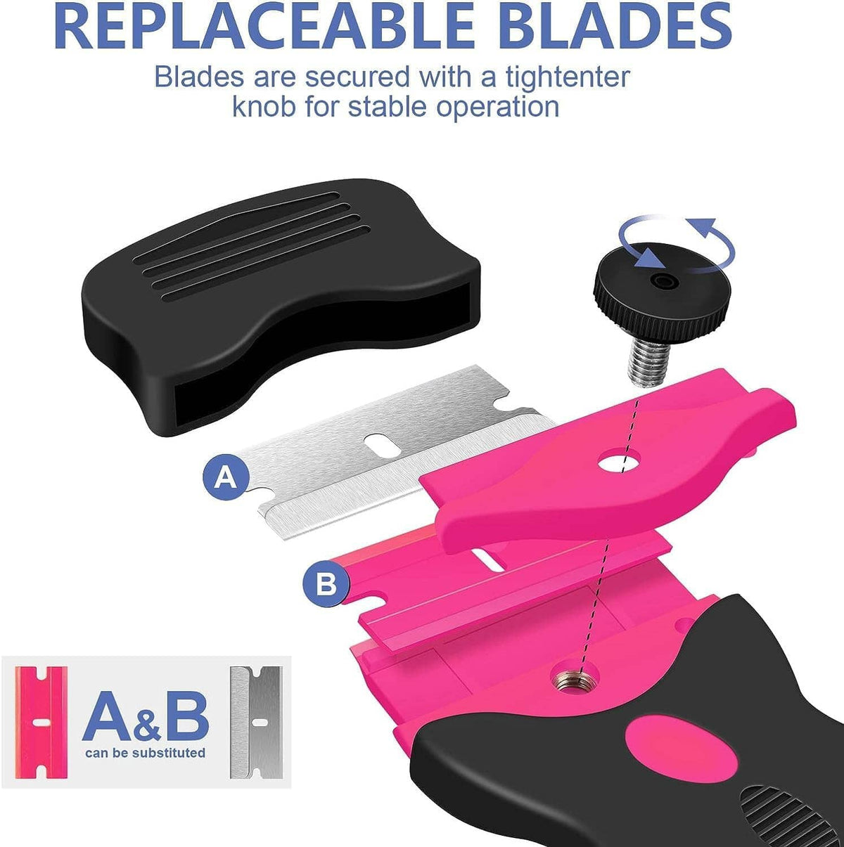 Replaceable double-edge razor scraper with pink blade cartridge and black locking knob
