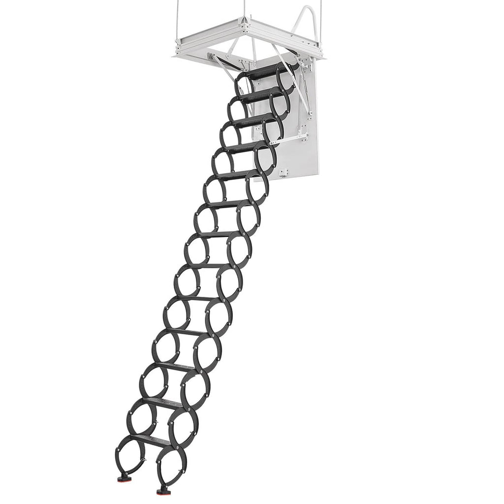 Ceiling-mounted metal attic ladder with black circular rungs and white frame