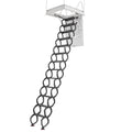 Ceiling-mounted metal attic ladder with black circular rungs and white frame