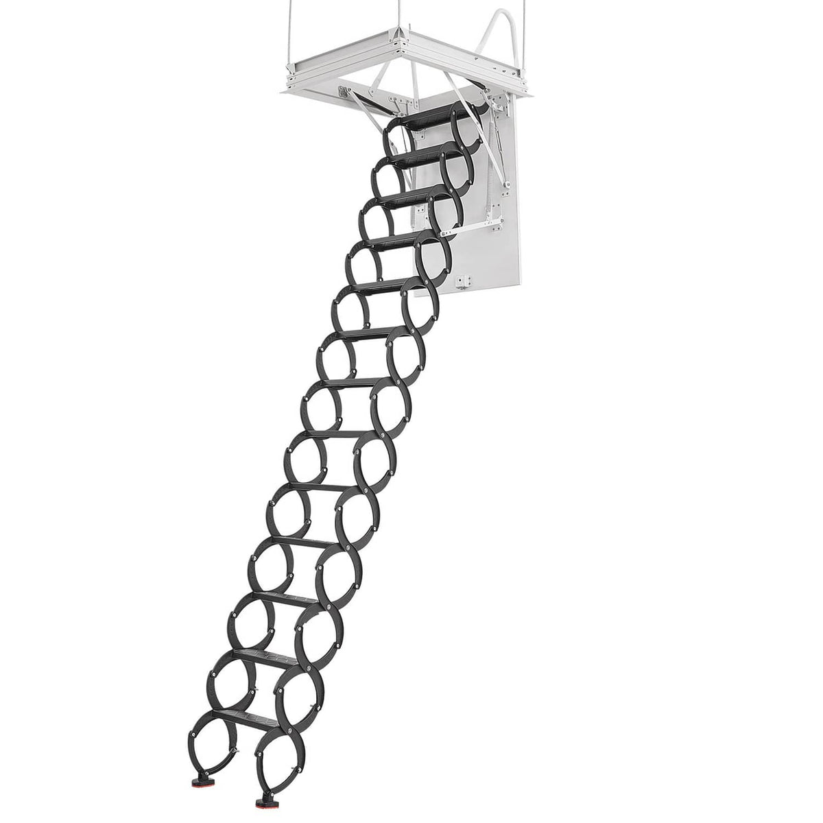 Ceiling-mounted metal attic ladder with black circular rungs and white frame