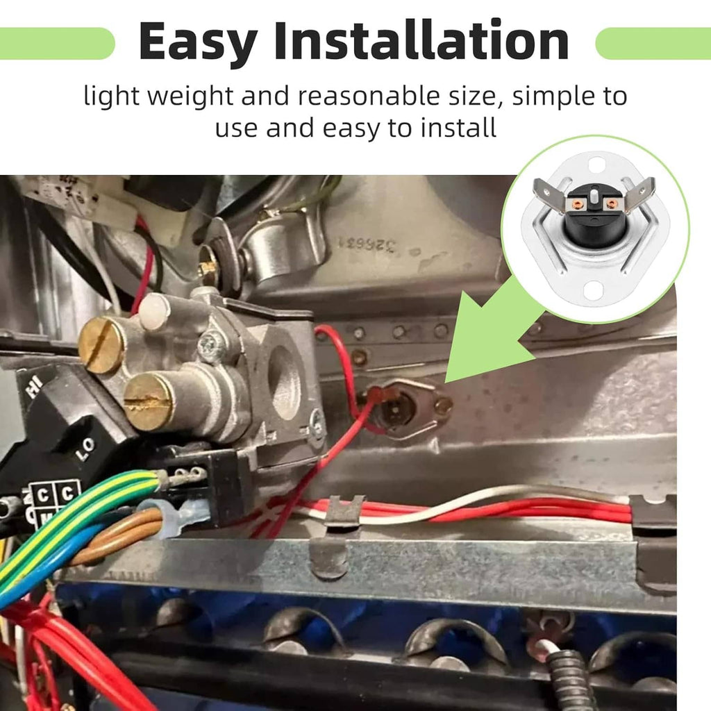 Flame rollout limit switch installation inset showing wiring and the switch