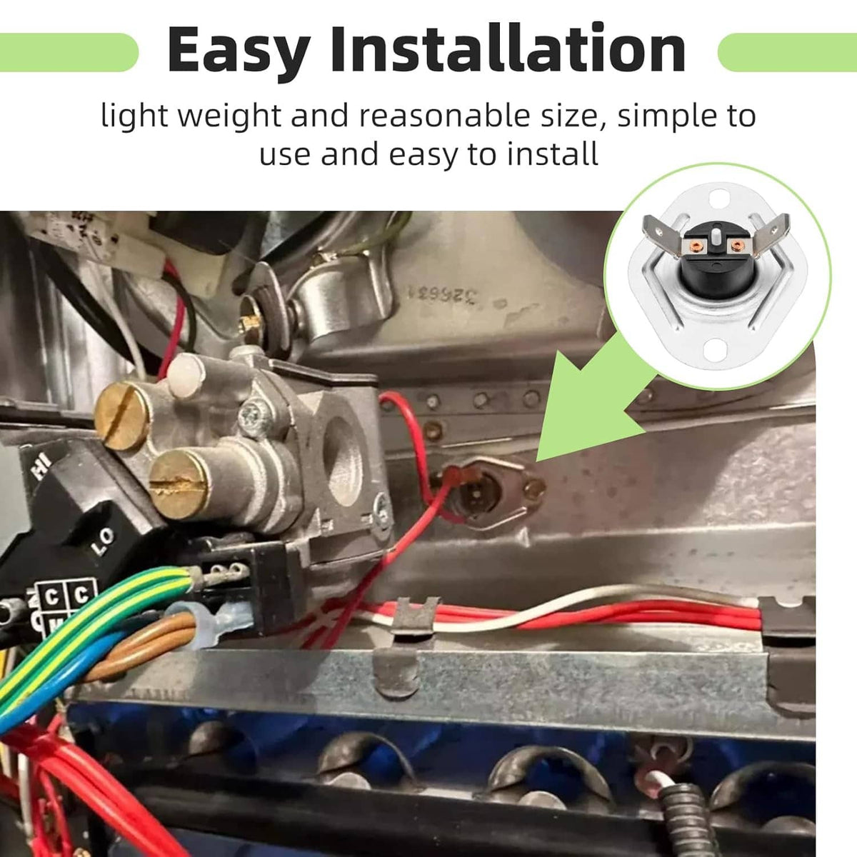 Flame rollout limit switch installation inset showing wiring and the switch