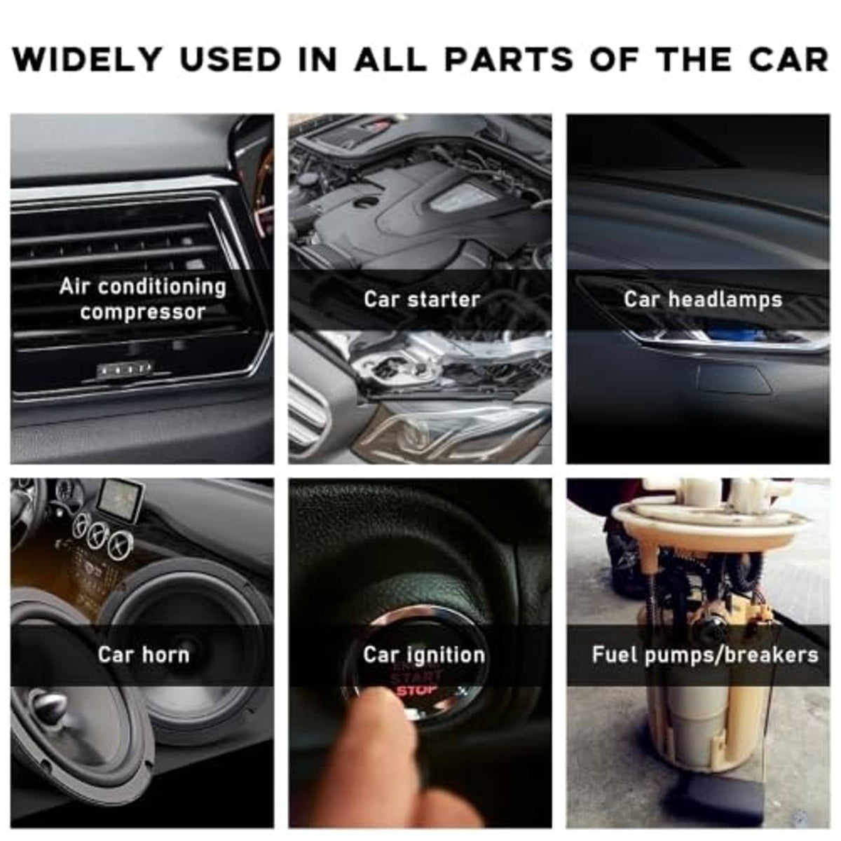 Car parts usage collage showing AC compressor, starter, headlights, horn, ignition, fuel pump