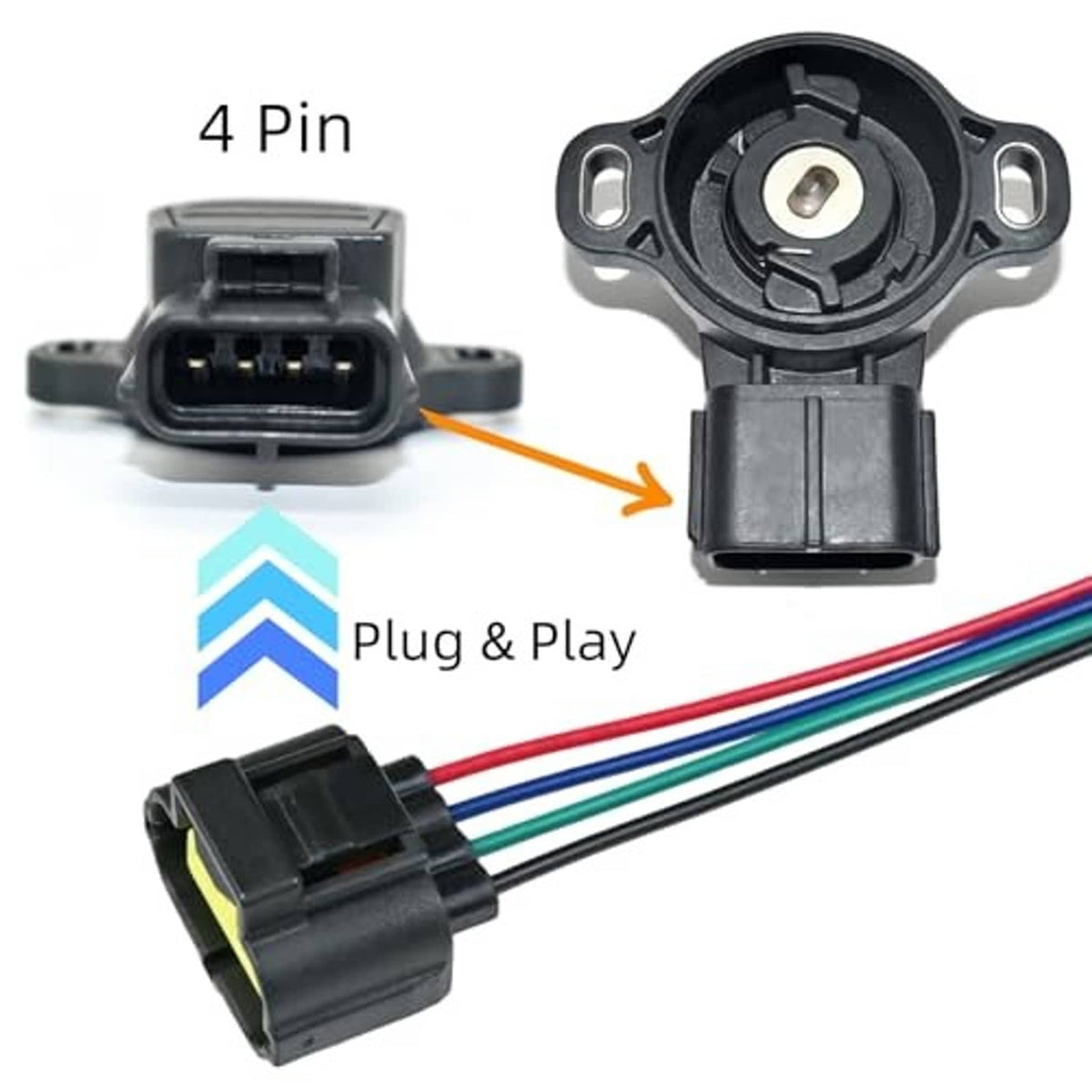 4-pin plug-and-socket throttle sensor wiring harness with locking connector