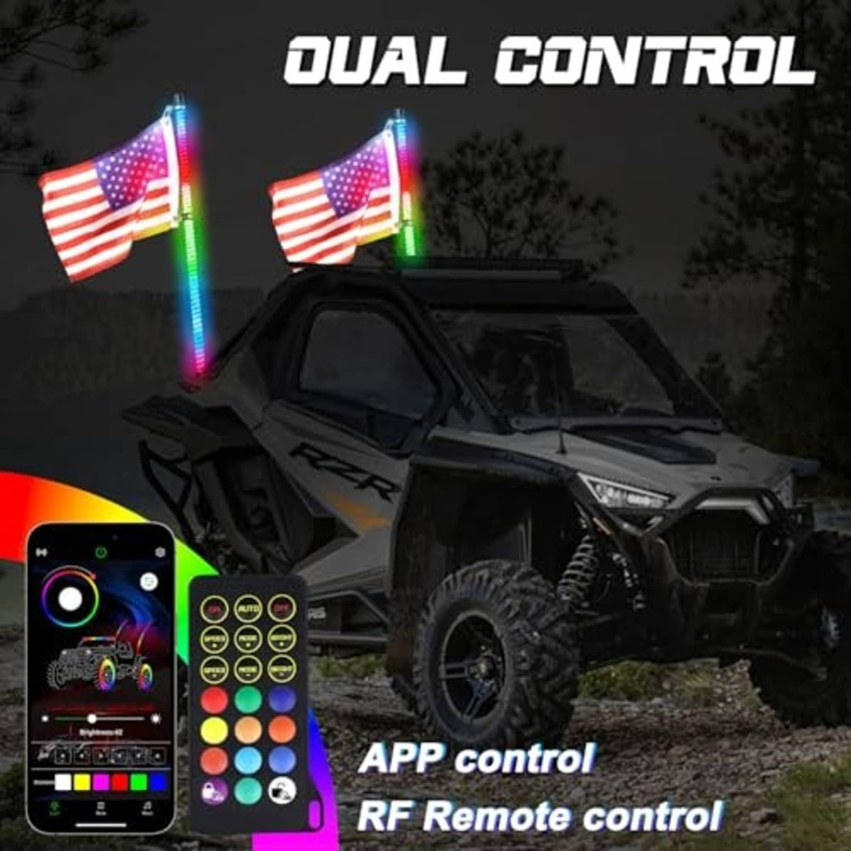 Dual-controlled RGB COB LED whip lights with app and remote activation