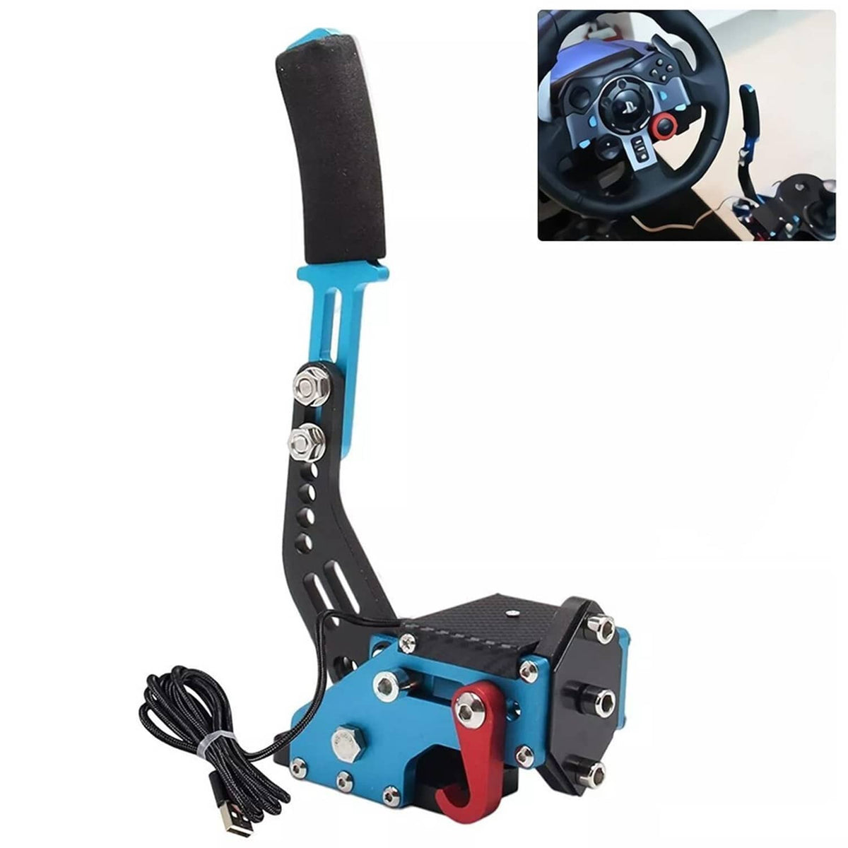 Black and blue USB handbrake shifter with sponge grip, metal bracket and base