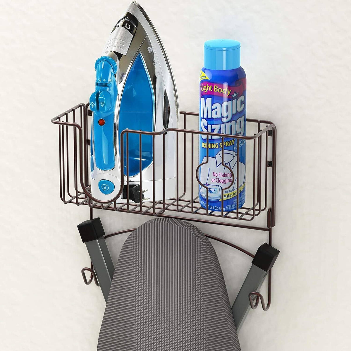 Bronze wire over-the-door organizer with iron, bottle, and gray ironing board cover