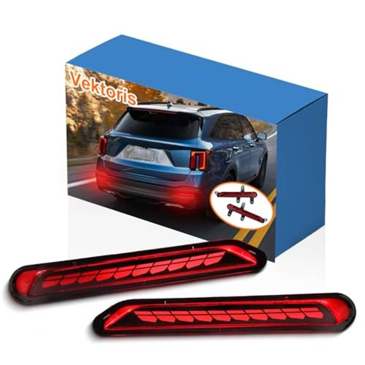 Set of two red LED rear bumper reflector lights with ribbed grid lenses.