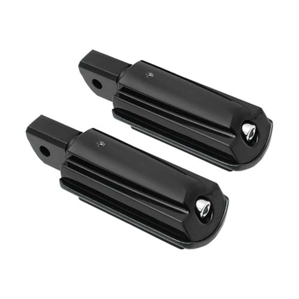 Black motorcycle passenger foot pegs with silver mounting screws and brackets