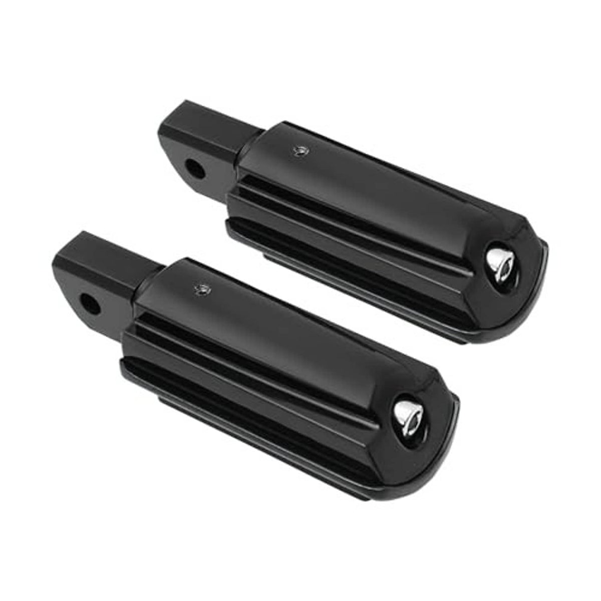 Black motorcycle passenger foot pegs with silver mounting screws and brackets