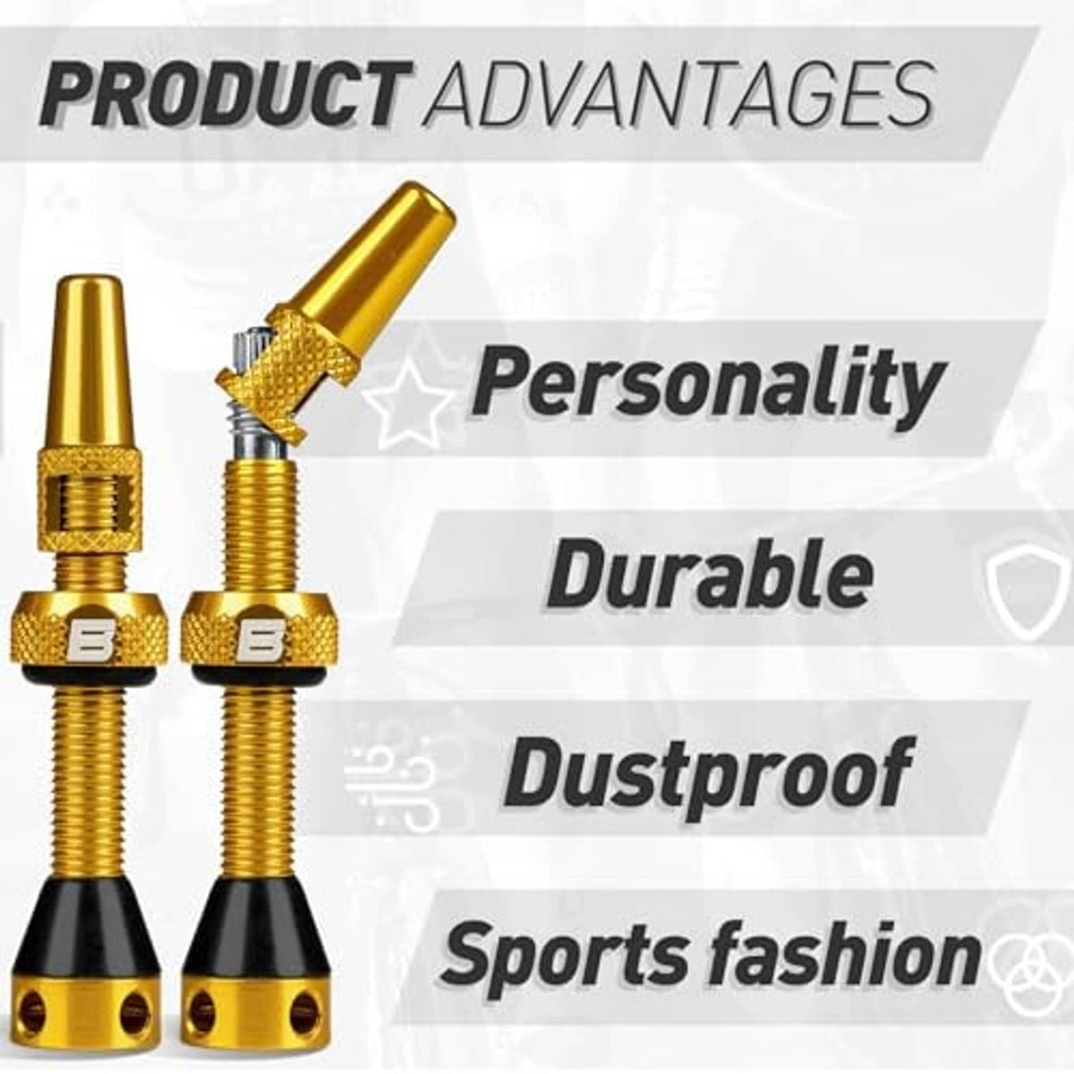 Golden tubeless Presta valve stems with knurled collar and black rubber bases, two-pack