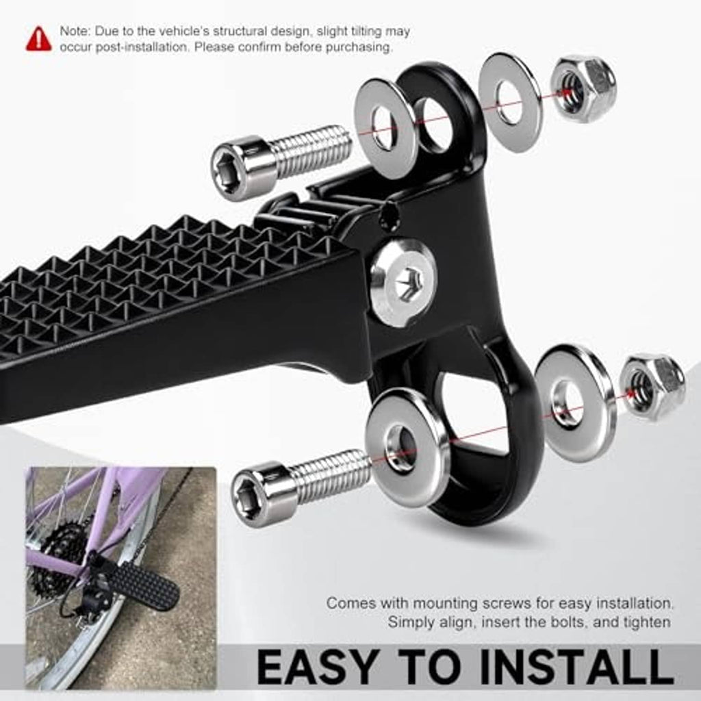 Black bike foot pegs with mounting screws and bolts, textured grip pads