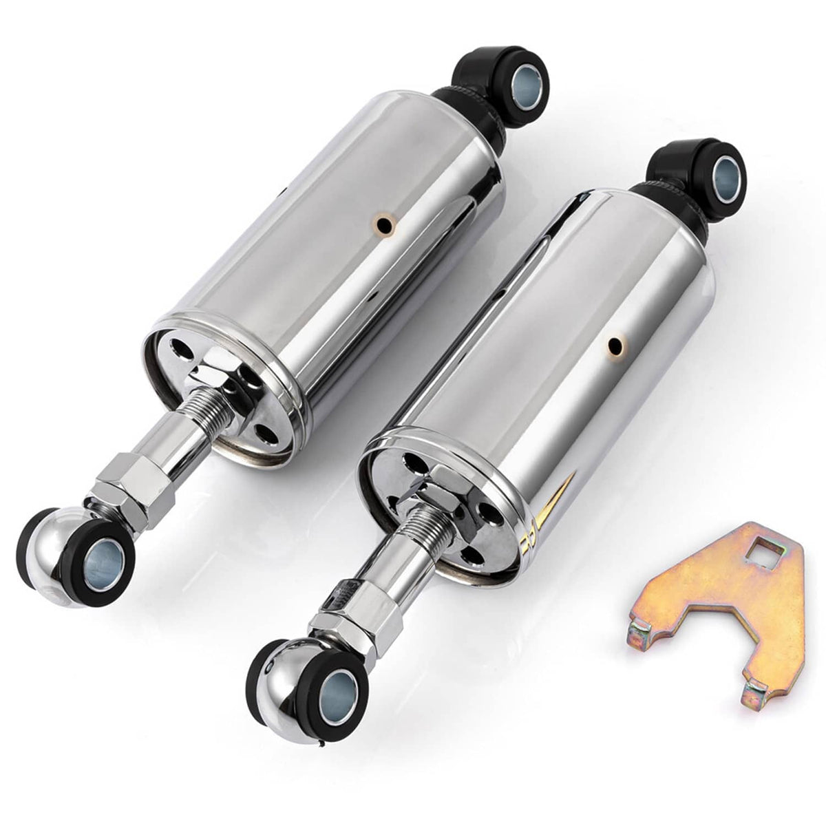Adjustable rear shock absorbers, chrome with black end caps and mounting brackets