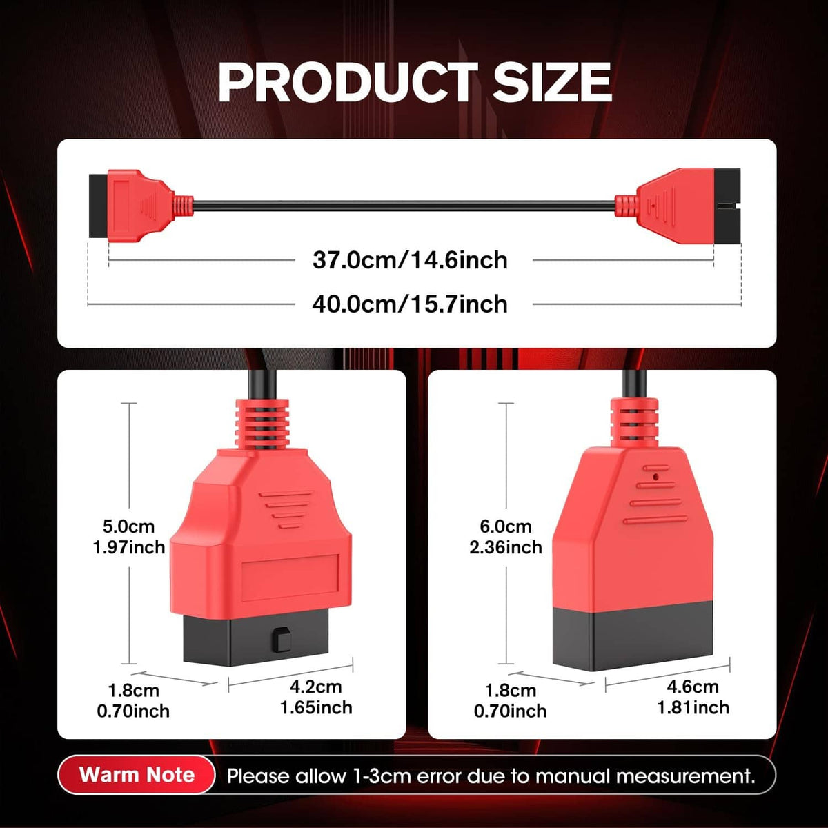 Red OBD adapter cable with 12-pin and 16-pin connector ends, shown with size diagram