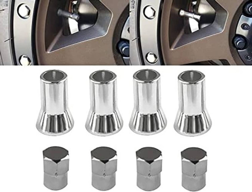Chrome TPMS valve stem sleeve covers and hex caps set, four sleeves and four caps