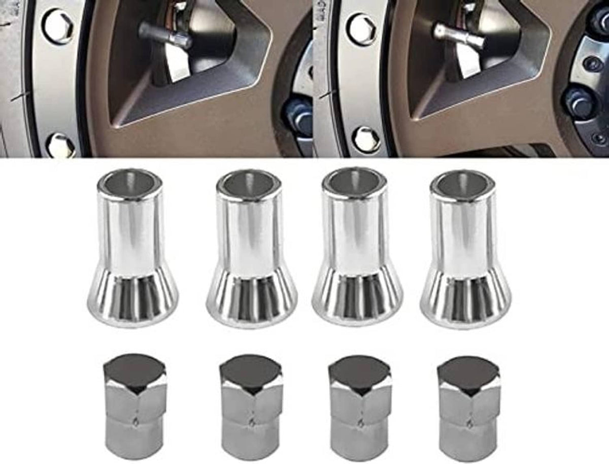 Chrome TPMS valve stem sleeve covers and hex caps set, four sleeves and four caps