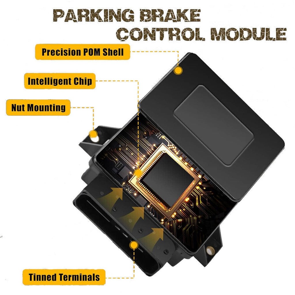 Parking brake control module open view with circuit board components inside, black shell
