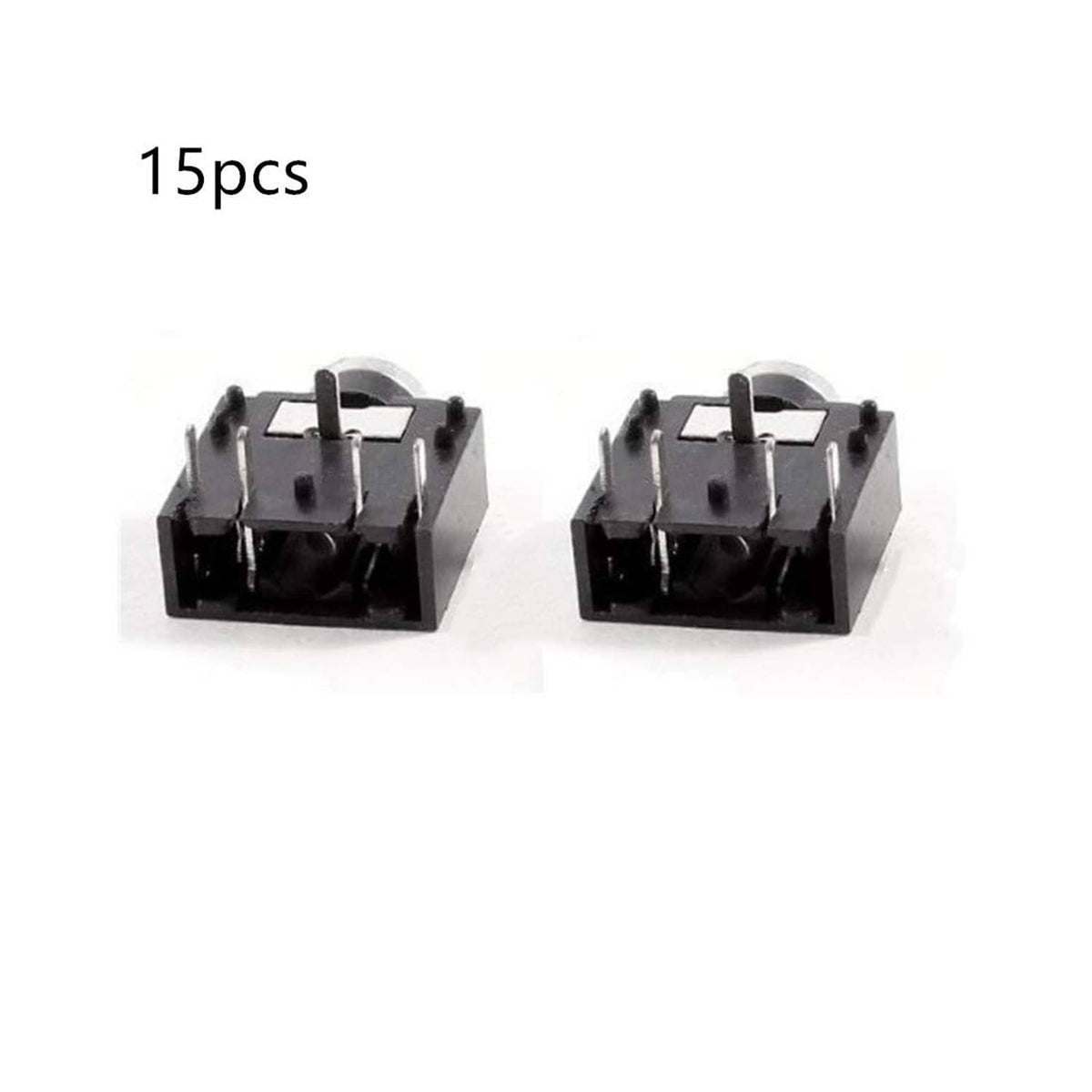 Black 3.5mm stereo jack socket, 5-pin PCB-mount female, pin-side view (pair)