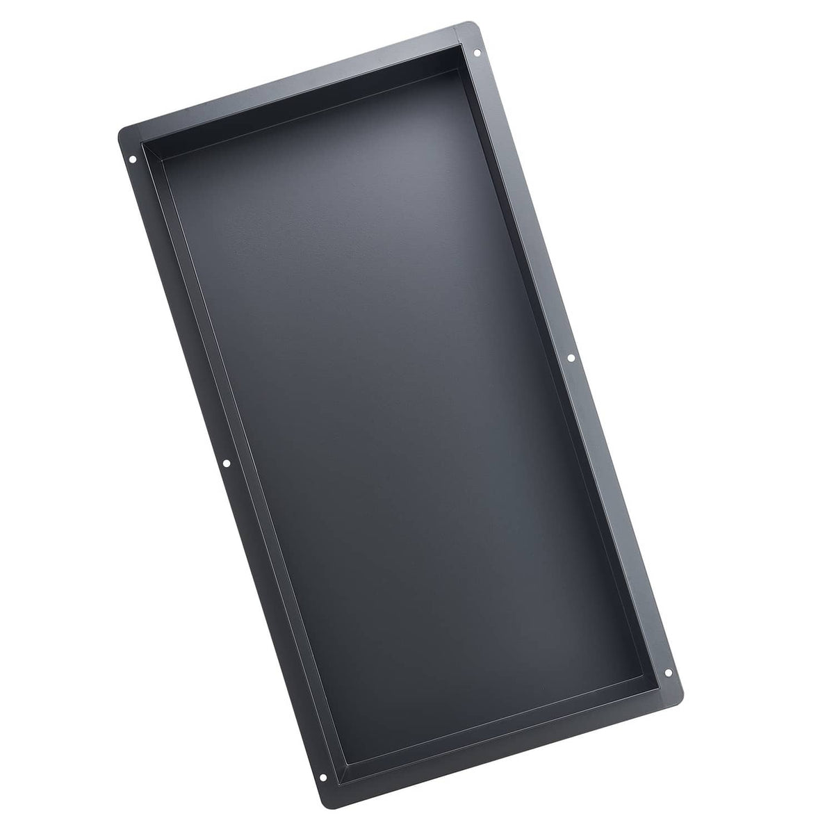 Recessed shower niche shelf panel, stainless steel frame with dark interior and corner holes