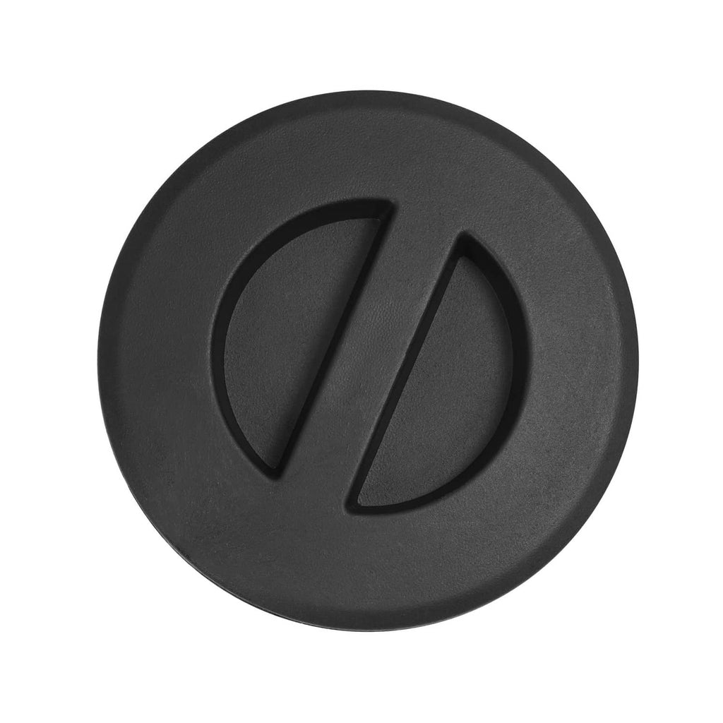 Black circular base cap with molded emblem