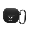 Black silicone earbuds charging case cover with carabiner, cartoon face design