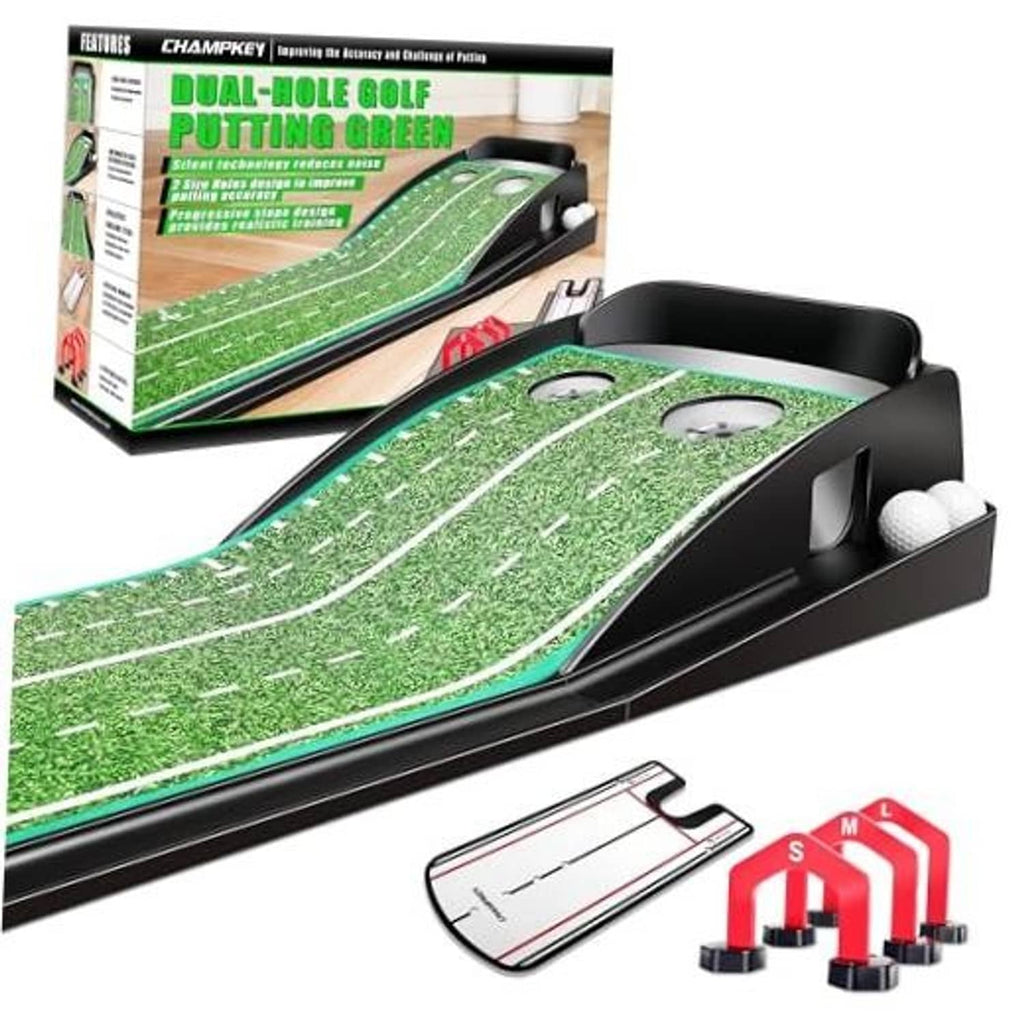 Indoor golf putting green mat with dual-hole cups on a black base and teal edge trim.