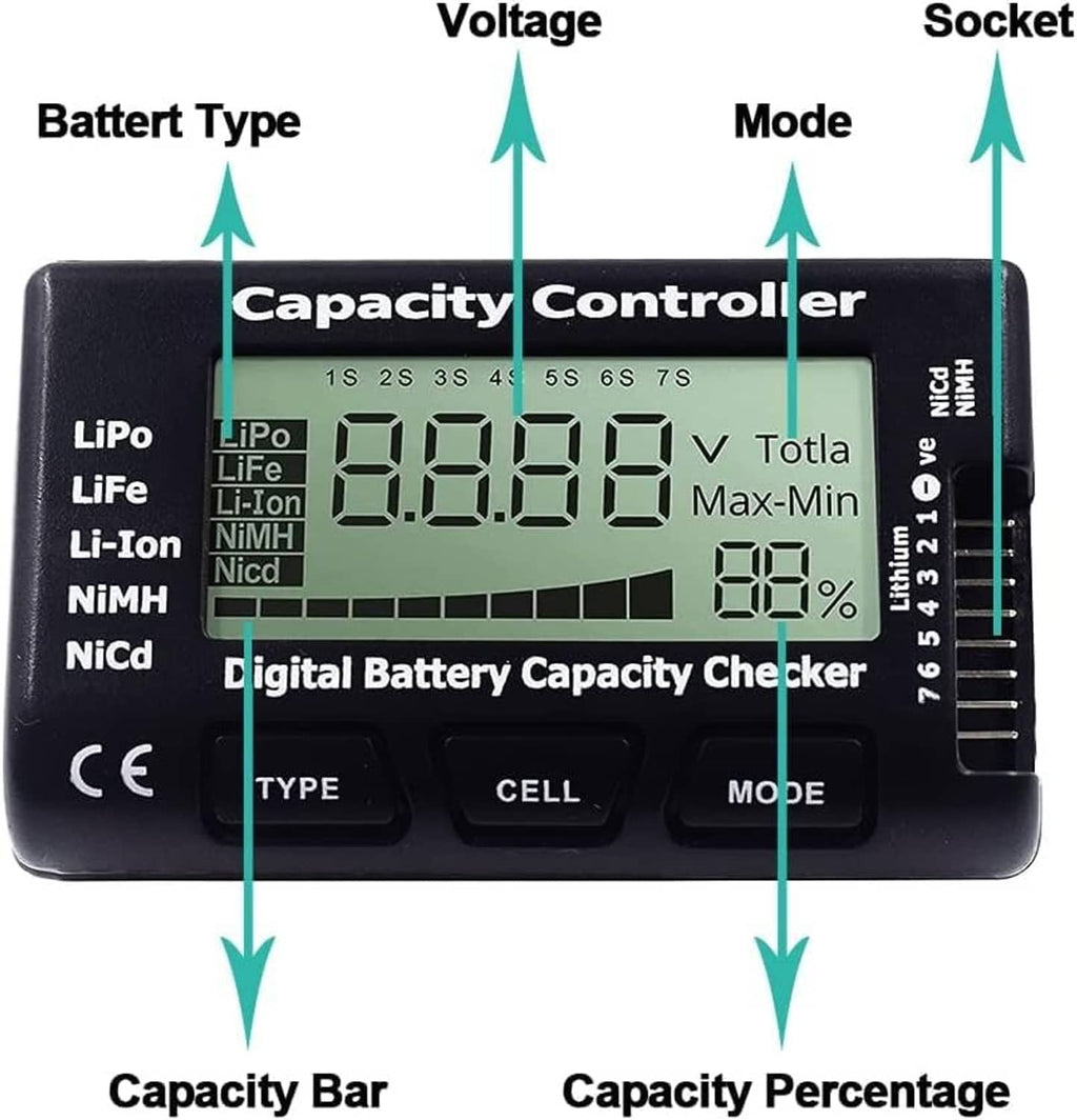 Black digital battery capacity checker LCD showing voltage, capacity bar, and percent