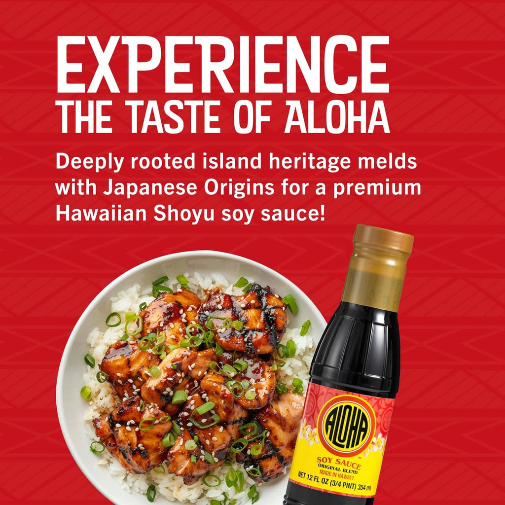 Aloha soy sauce bottle with red label beside plated rice and chicken
