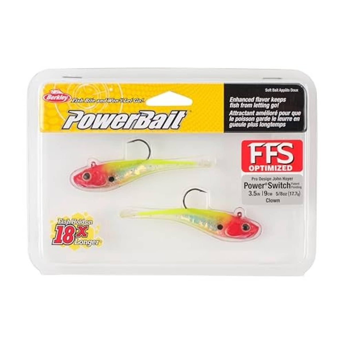 Powerbait soft plastic lure package with two clown baits and hooks