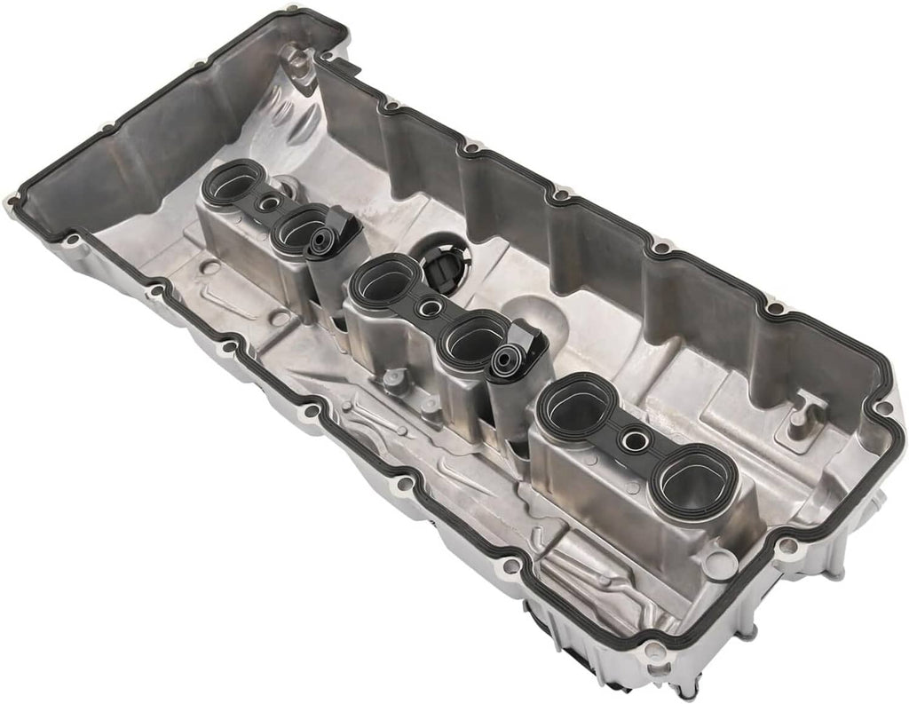Aluminum engine valve cover underside with baffles and ports, silver finish