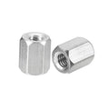 Stainless steel M6 hex coupling nut and sleeve nut set, shiny silver threaded holes