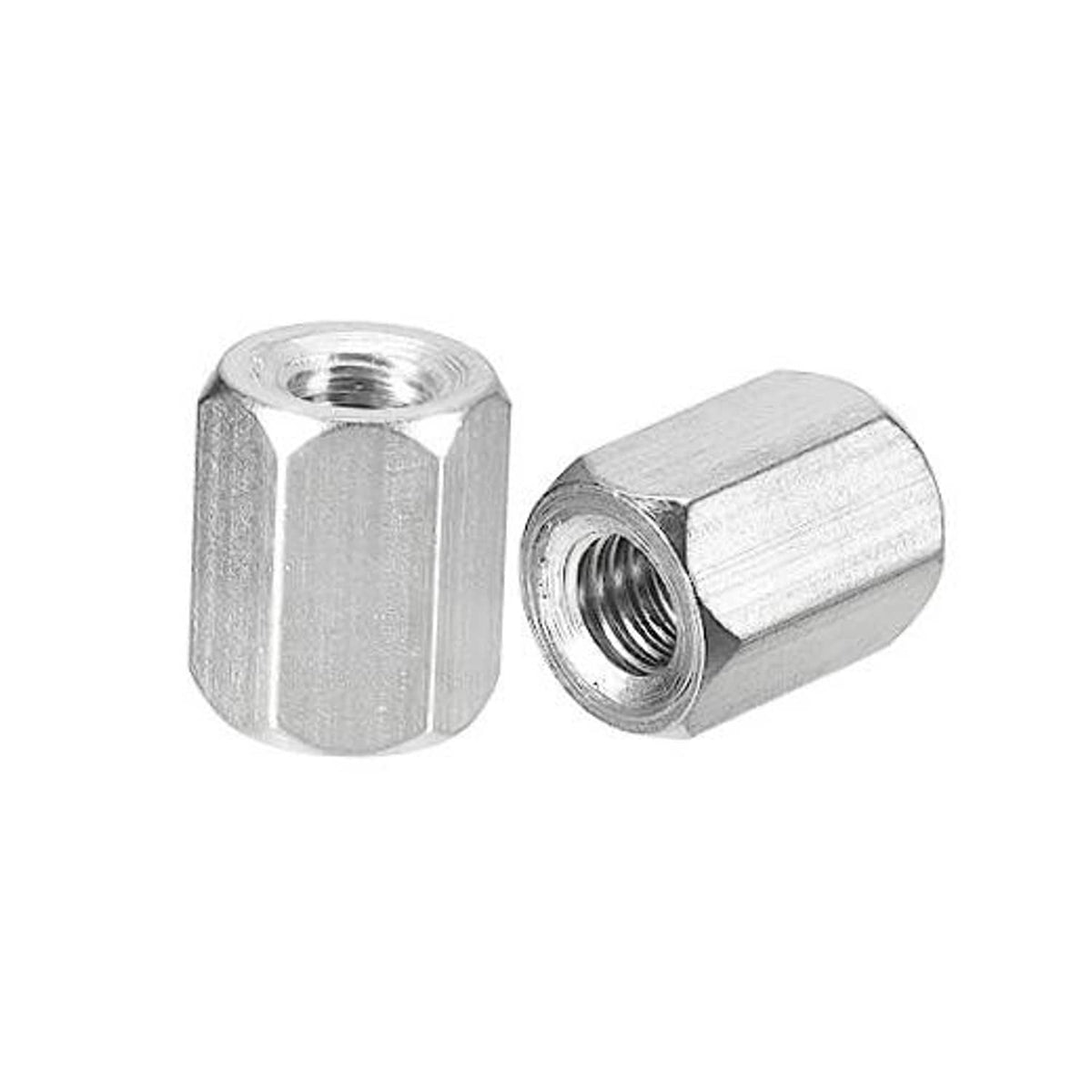Stainless steel M6 hex coupling nut and sleeve nut set, shiny silver threaded holes