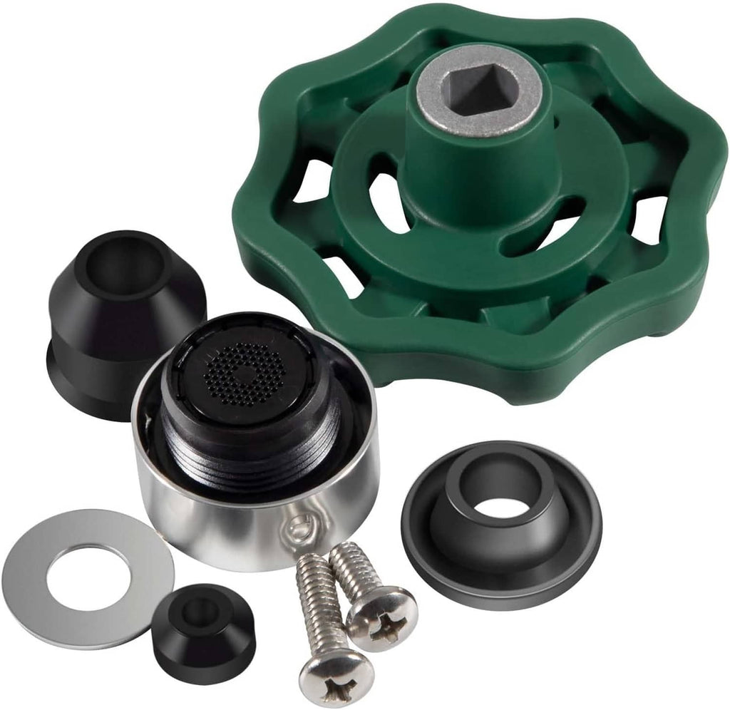 Green hydrant handle wheel with stainless valve body, black caps, washers, and screws