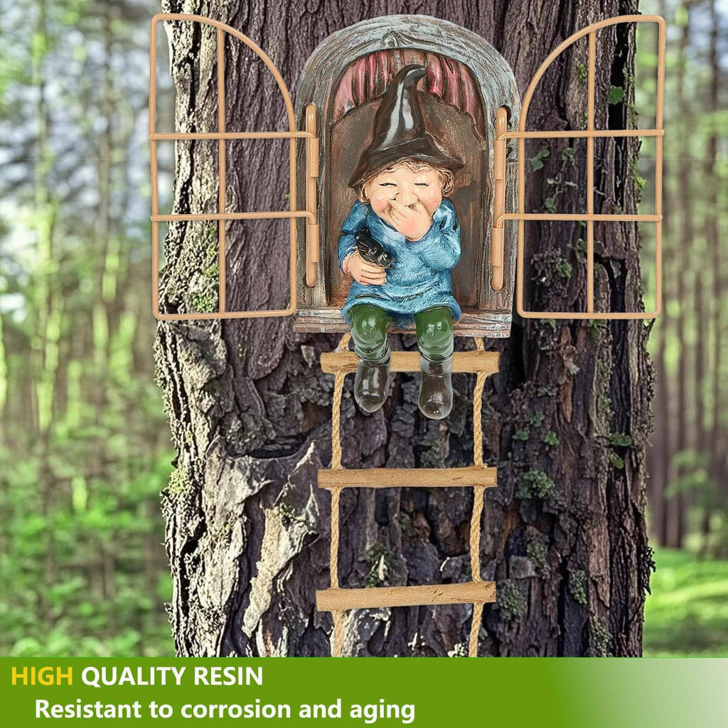 Resin garden gnome on tree ladder with blue outfit and arched window side frames