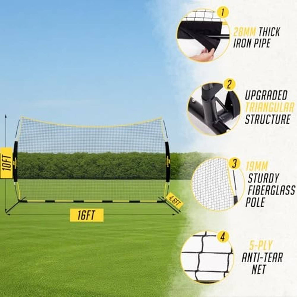 16 ft backstop net with yellow edge binding, mesh grid, and iron-pipe frame
