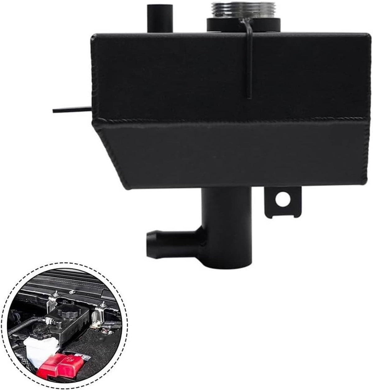 Black coolant reservoir tank with side hose outlet and mounting hole bracket