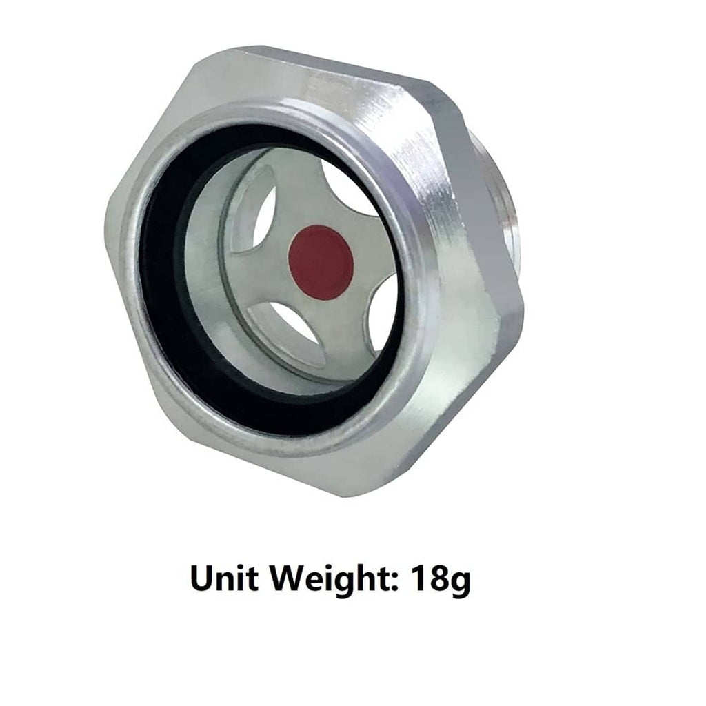 Single silver oil sight glass with black seal and red indicator dot in circular window