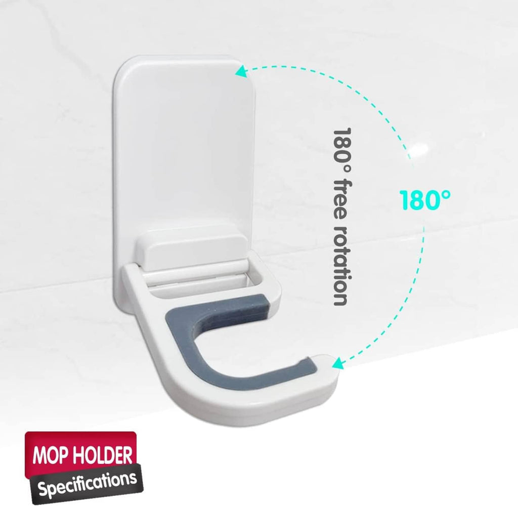 White mop holder gripper hook showing 180-degree rotation of the U rest